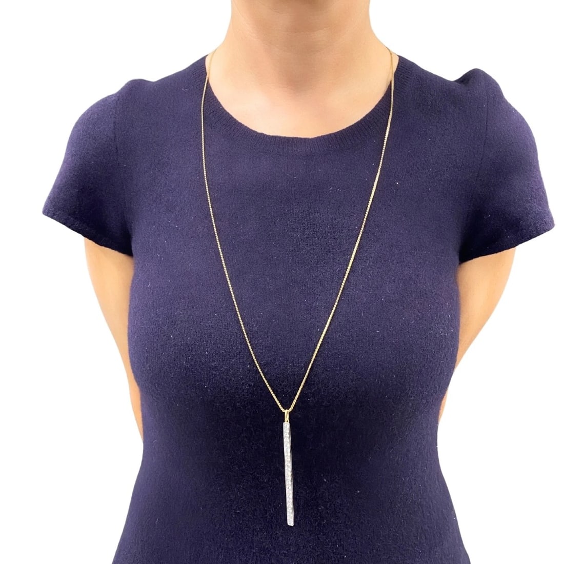 Platinum Diamond Bar Pendant 18k Gold Chain Necklace - 2