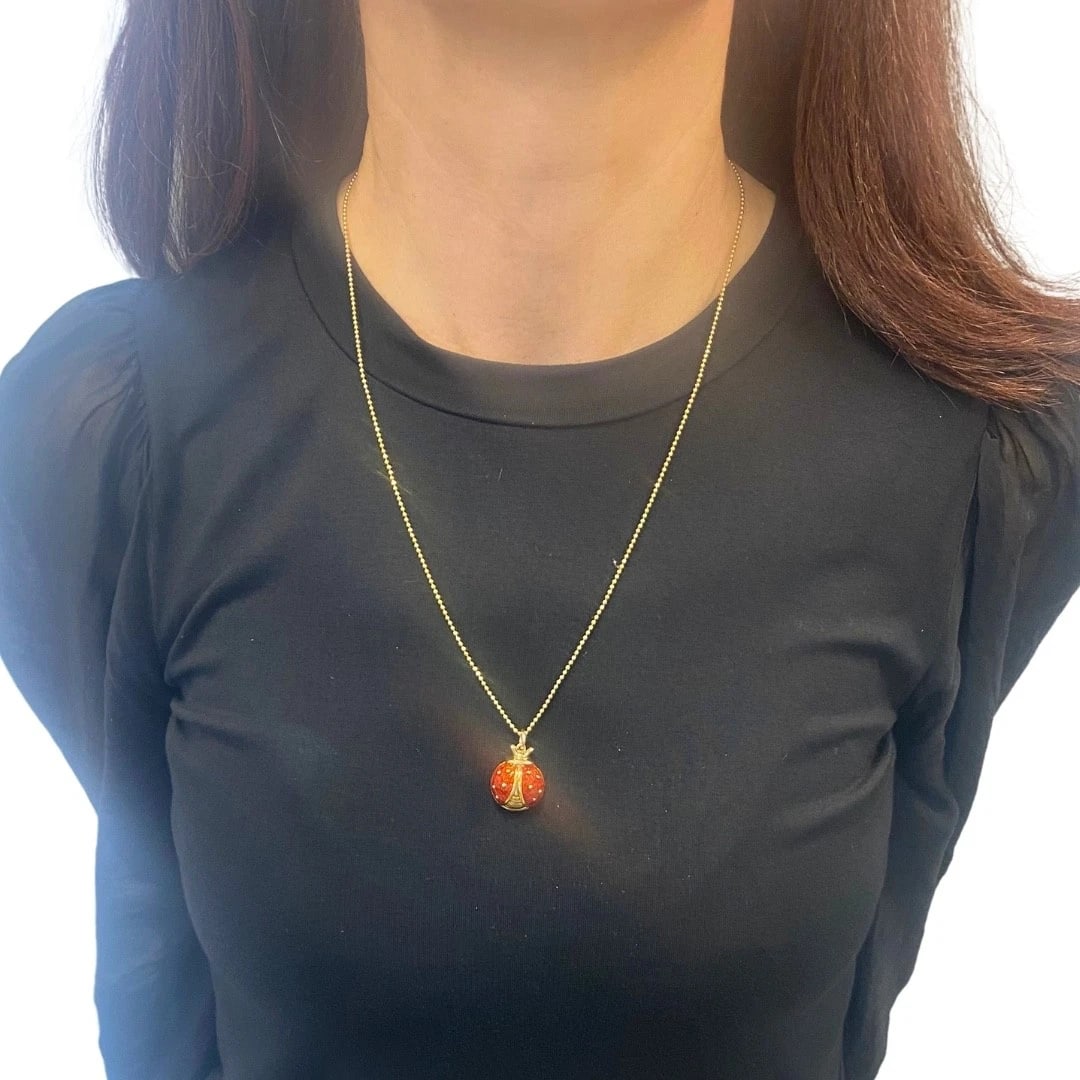 18k Gold Enamel Ladybug Pendant 14k Gold Chain Necklace - 2