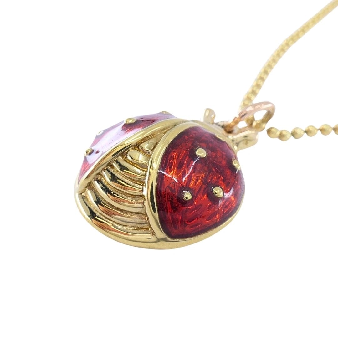 18k Gold Enamel Ladybug Pendant 14k Gold Chain Necklace - 4