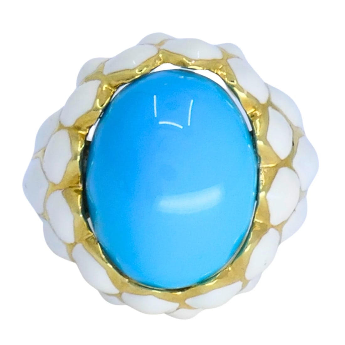 David Webb RING 18k Gold White Enamel Turquoise Cocktail RING Estate Jewelry - 2