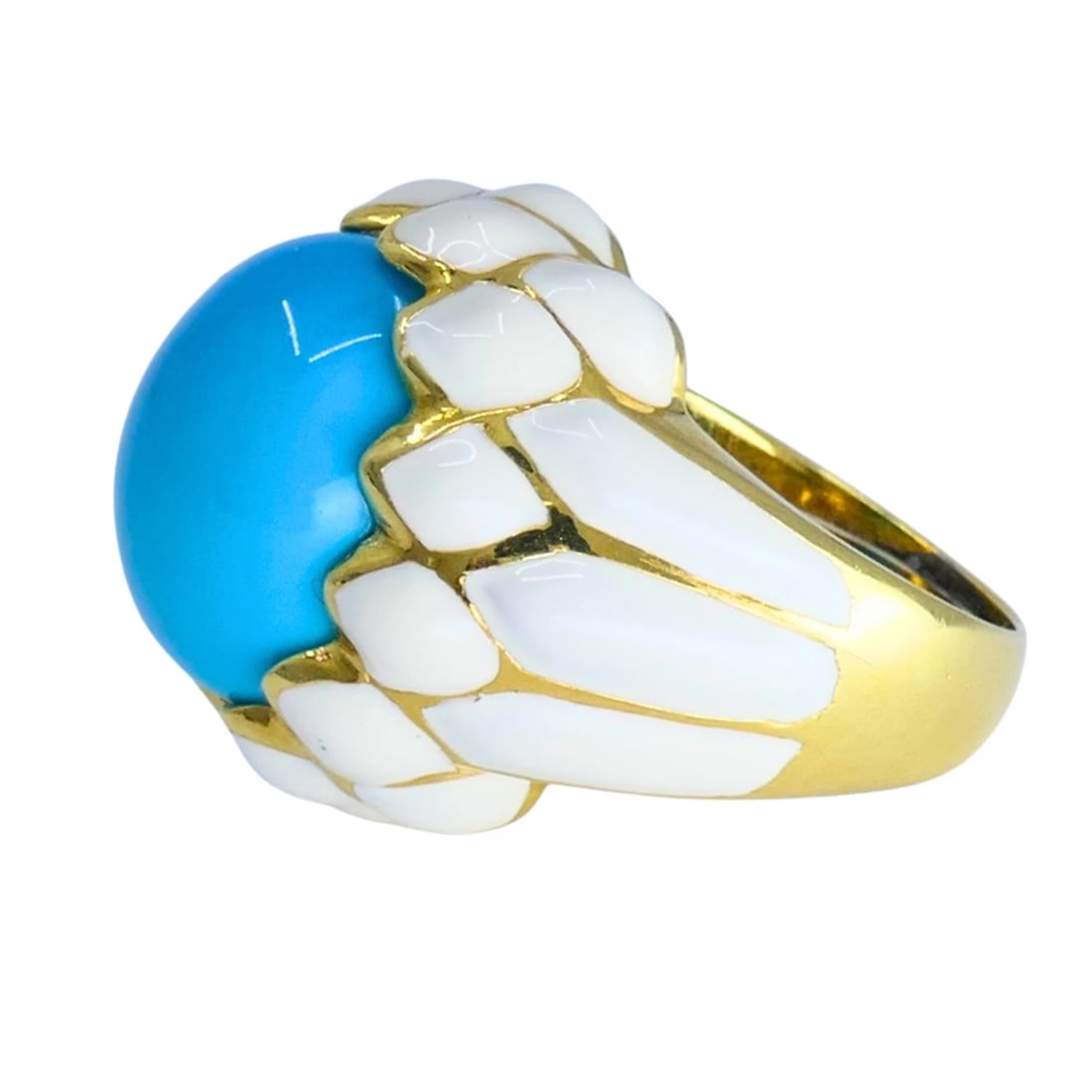 David Webb RING 18k Gold White Enamel Turquoise Cocktail RING Estate Jewelry - 3