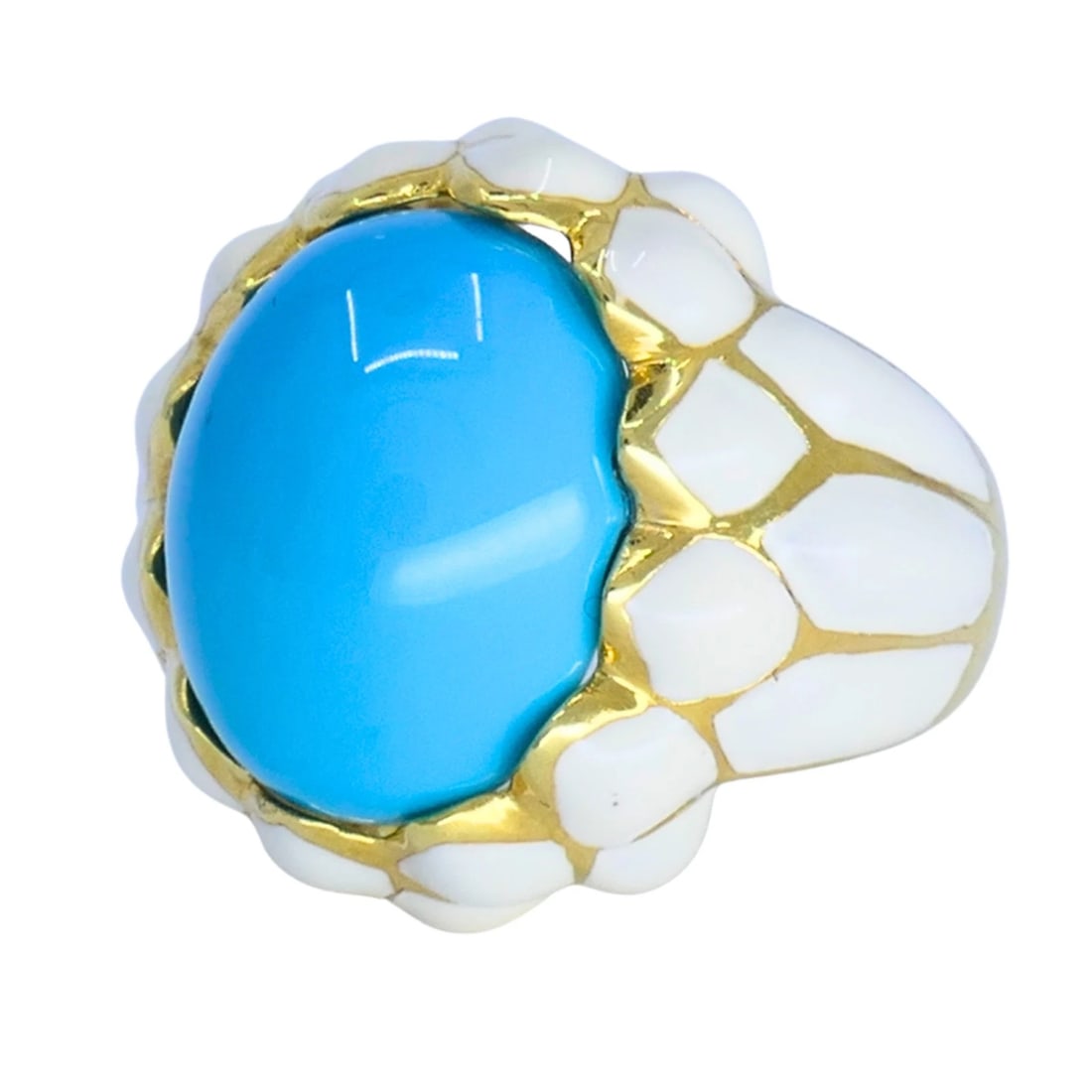 David Webb RING 18k Gold White Enamel Turquoise Cocktail RING Estate Jewelry - 4