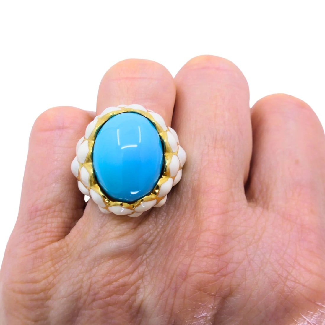 David Webb RING 18k Gold White Enamel Turquoise Cocktail RING Estate Jewelry - 6