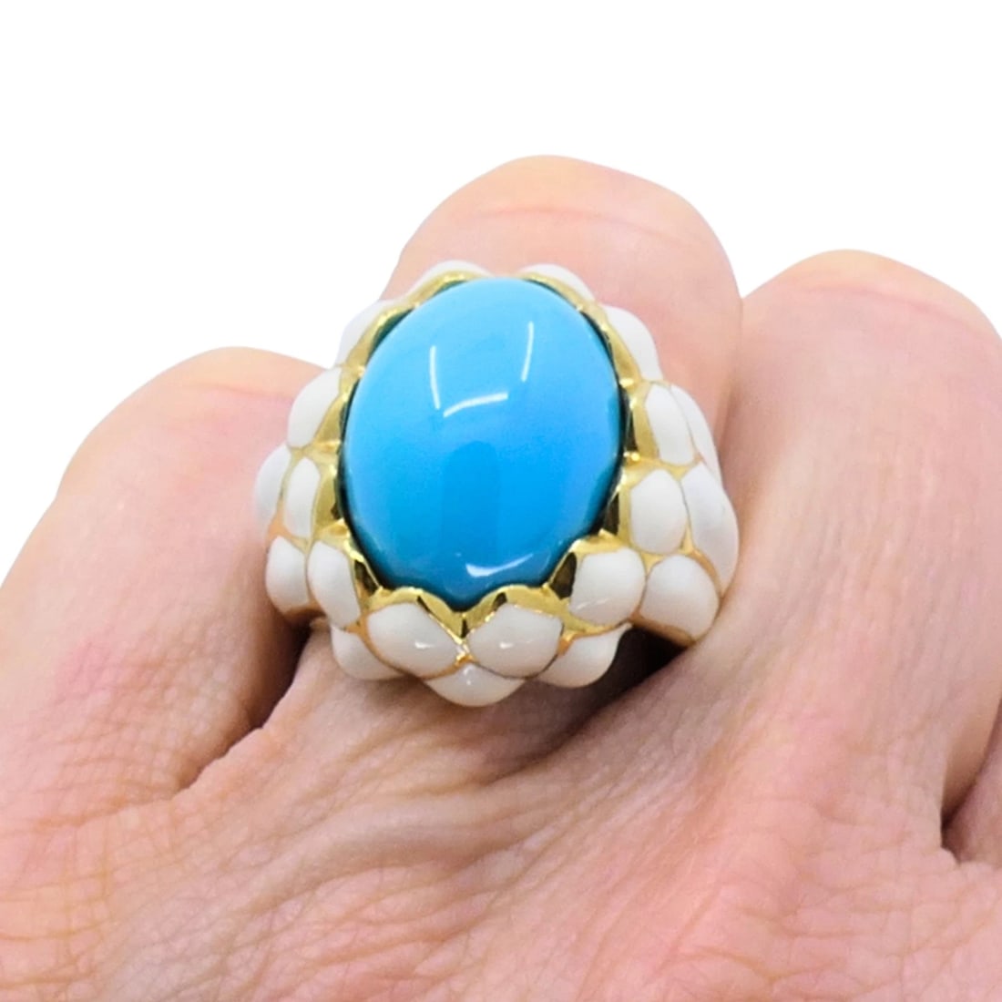 David Webb RING 18k Gold White Enamel Turquoise Cocktail RING Estate Jewelry - 8