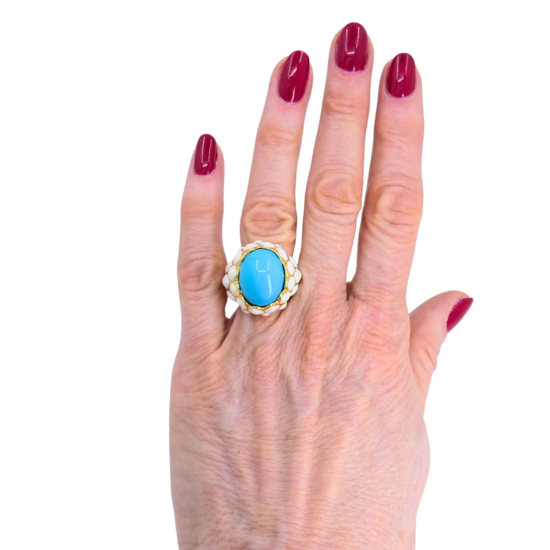 David Webb RING 18k Gold White Enamel Turquoise Cocktail RING Estate Jewelry - 9