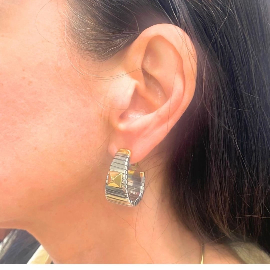 Bvlgari 18k Yellow Gold & Steel Tubogas Pyramid Hoop Earrings - 2