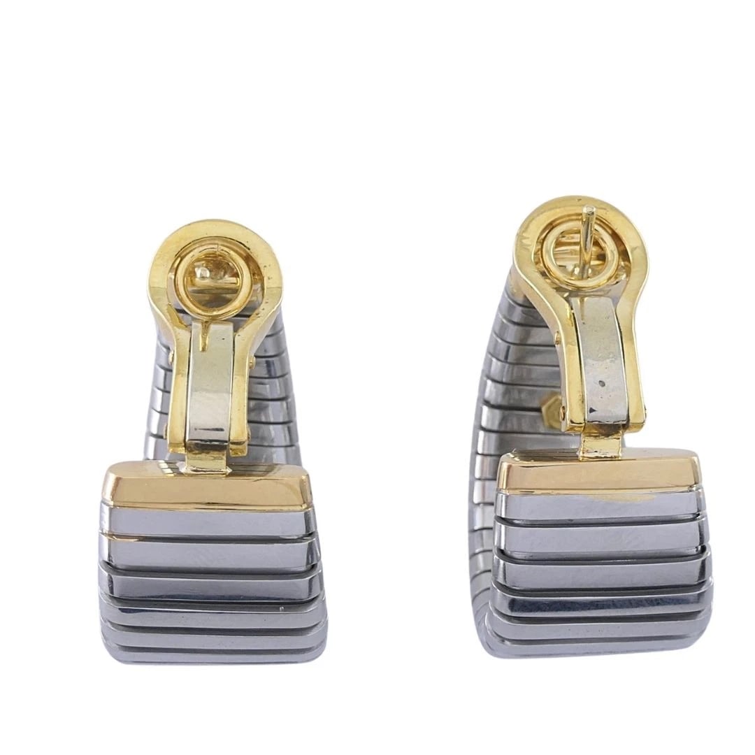 Bvlgari 18k Yellow Gold & Steel Tubogas Pyramid Hoop Earrings - 7
