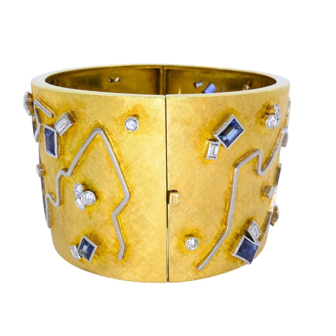 18k Gold Diamond Cuff BRACELET Sapphire Wide Gold Bangle Vintage Jewelry - 3