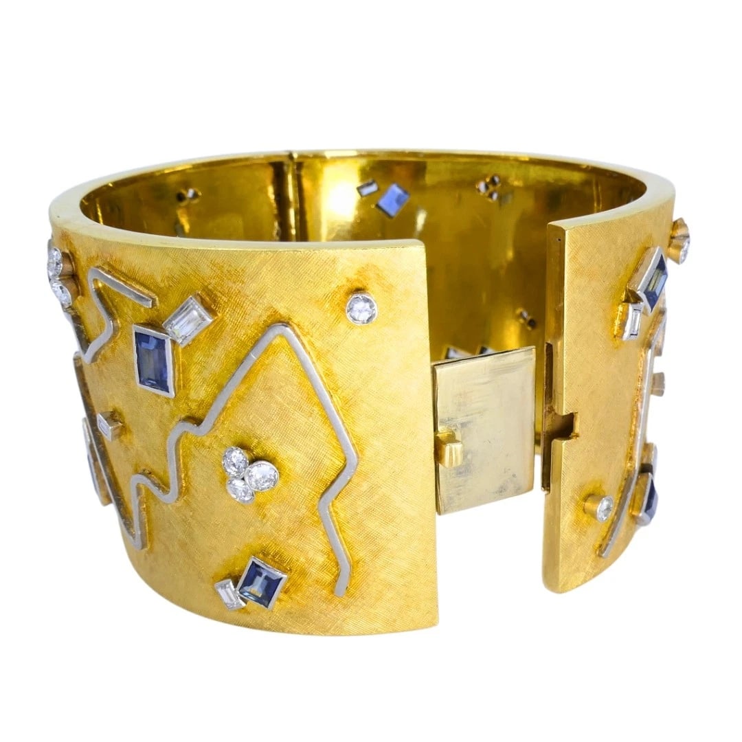 18k Gold Diamond Cuff BRACELET Sapphire Wide Gold Bangle Vintage Jewelry - 4