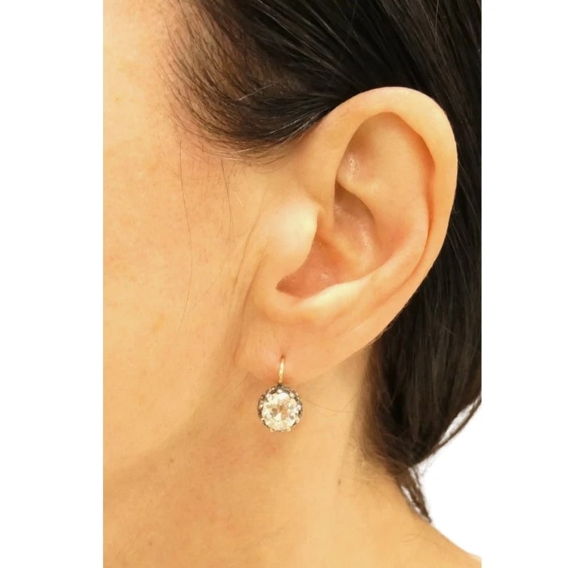 Victorian 14k Gold Silver Two-Stone Diamond EARRINGS Old Mine Cut Antique - 2