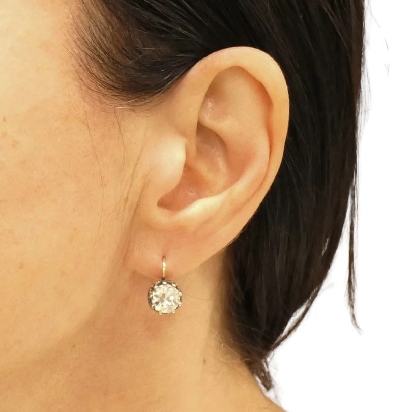 Victorian 14k Gold Silver Two-Stone Diamond EARRINGS Old Mine Cut Antique - 3