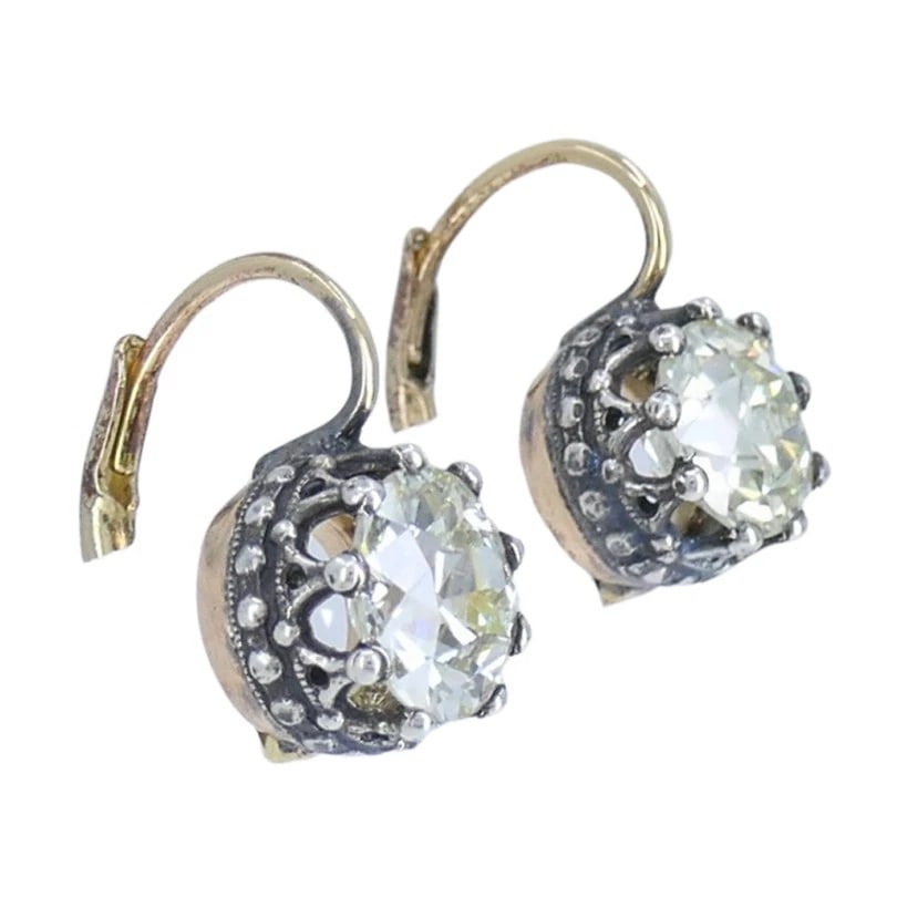 Victorian 14k Gold Silver Two-Stone Diamond EARRINGS Old Mine Cut Antique - 4