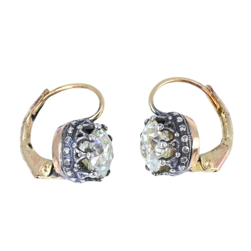 Victorian 14k Gold Silver Two-Stone Diamond EARRINGS Old Mine Cut Antique - 5