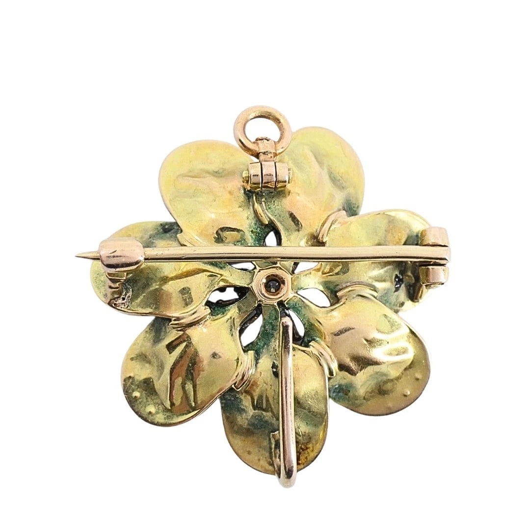 14k Gold Violet Flower Diamond Seed Pearl Pendant Brooch Necklace - 7
