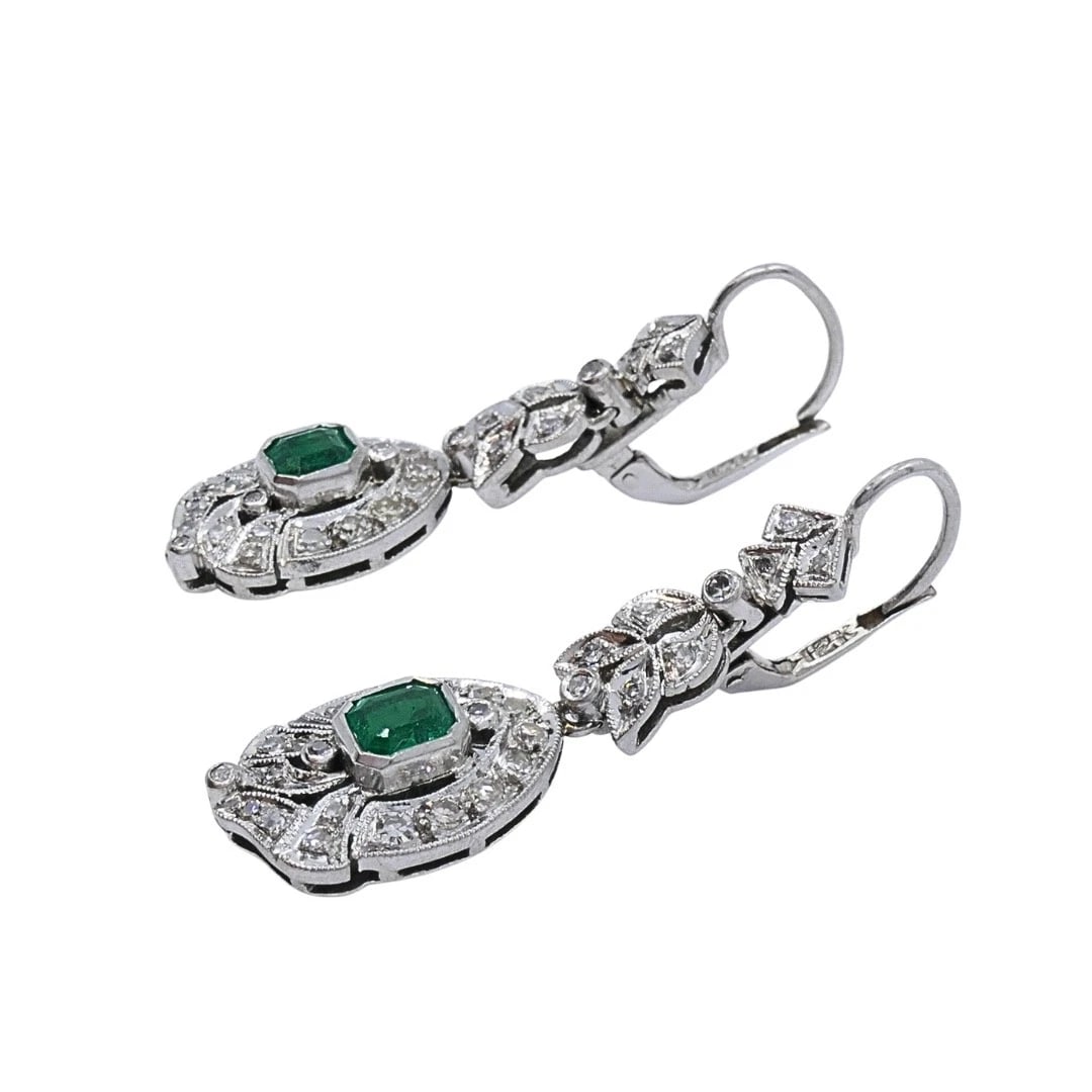 Art Deco-Style 12k White Gold Emerald Diamond Drop Earrings - 3