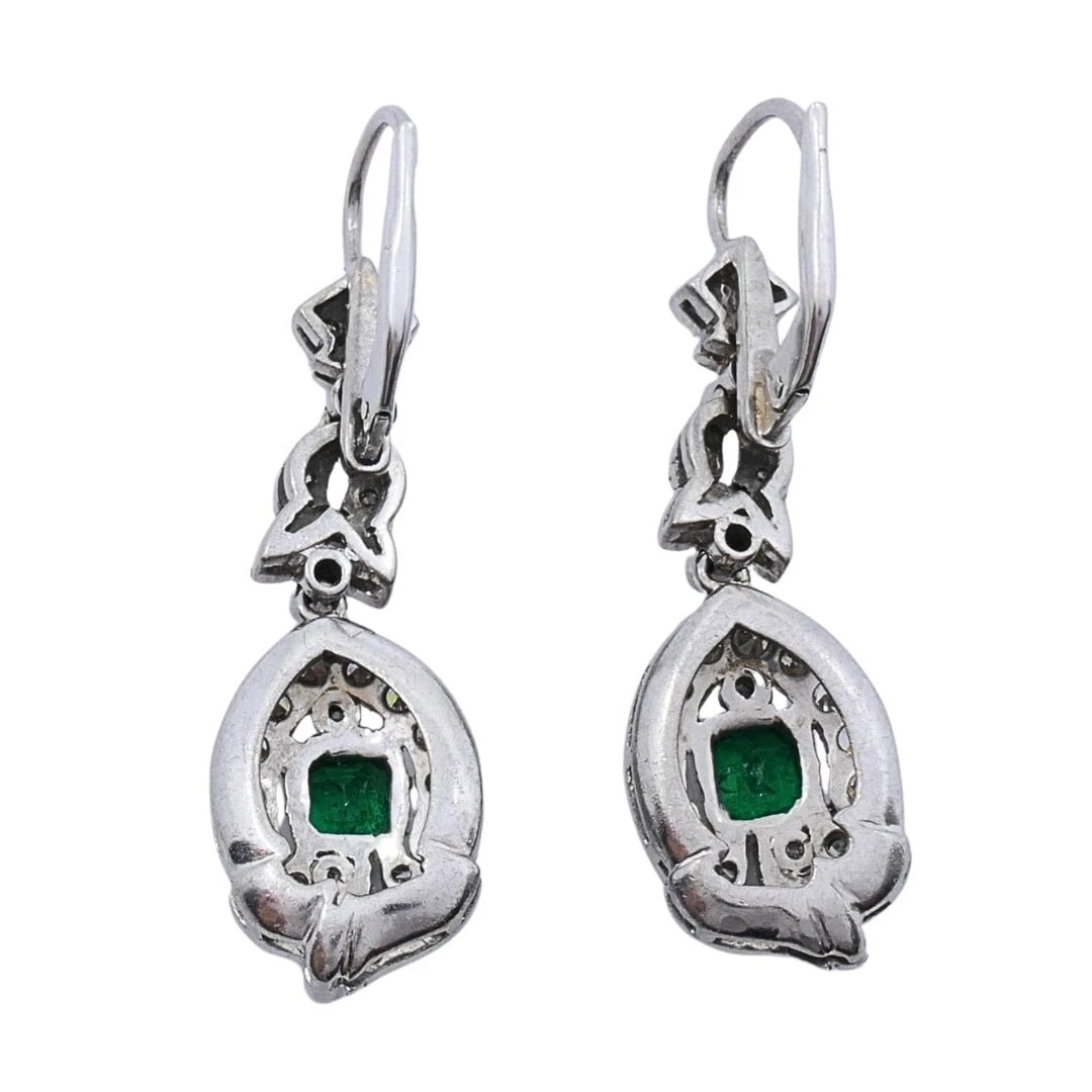 Art Deco-Style 12k White Gold Emerald Diamond Drop Earrings - 7