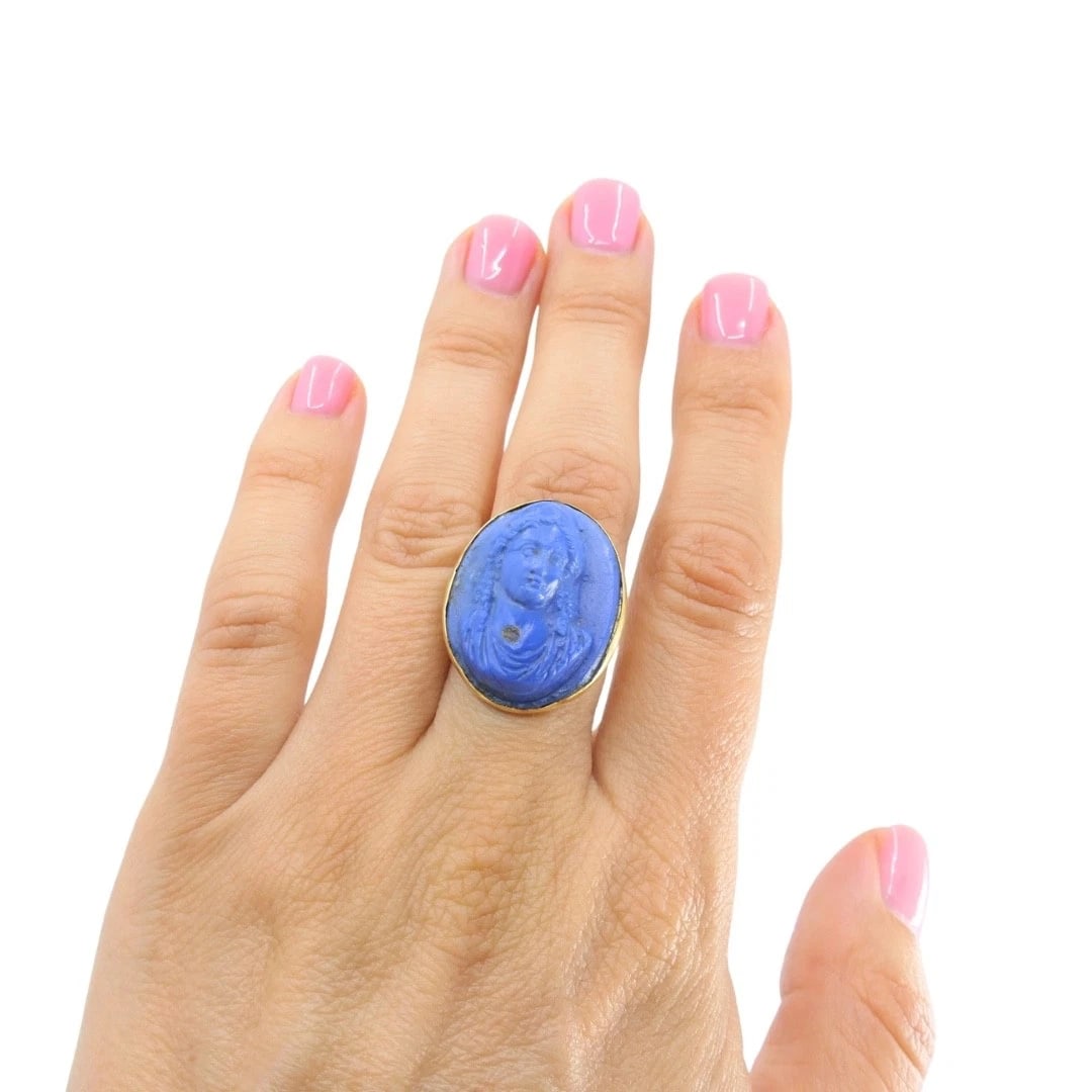 14k Gold Blue Carved Cameo Classical Portrait Ring - 2