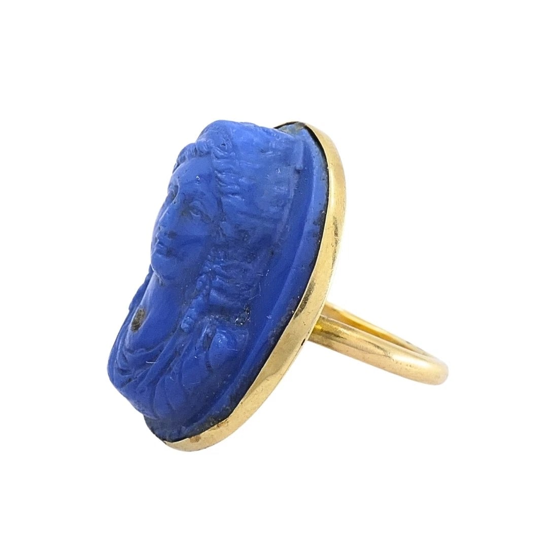 14k Gold Blue Carved Cameo Classical Portrait Ring - 4