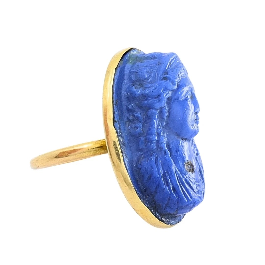 14k Gold Blue Carved Cameo Classical Portrait Ring - 5