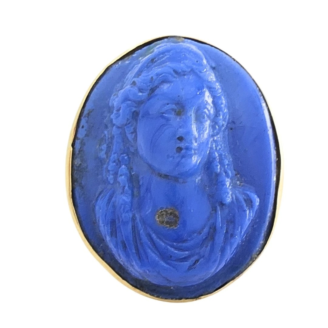 14k Gold Blue Carved Cameo Classical Portrait Ring - 6