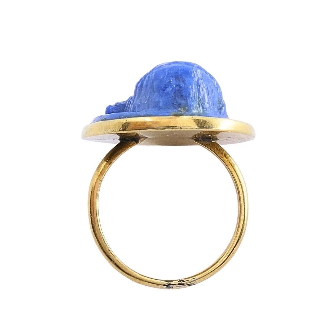 14k Gold Blue Carved Cameo Classical Portrait Ring - 7