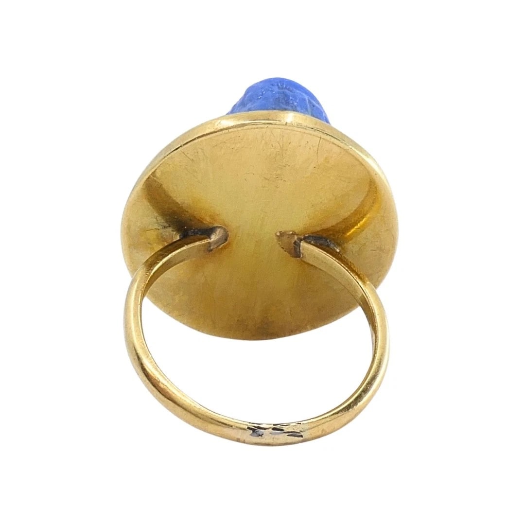14k Gold Blue Carved Cameo Classical Portrait Ring - 8
