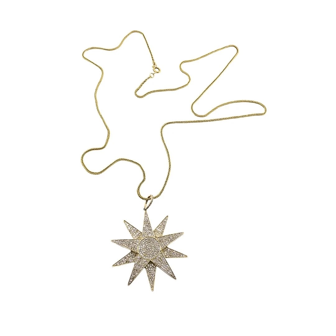 14k Gold Diamond Starburst Pendant Chain Necklace - 8
