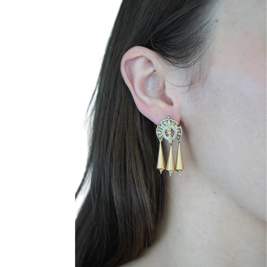 Victorian 14k Gold Enamel Seed Pearl Mechanical Drop Earrings - 2