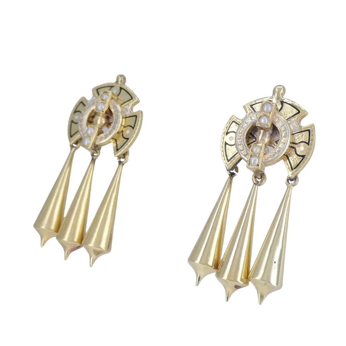 Victorian 14k Gold Enamel Seed Pearl Mechanical Drop Earrings - 3