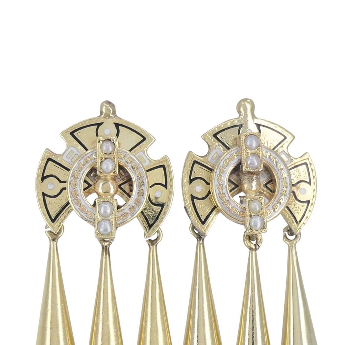 Victorian 14k Gold Enamel Seed Pearl Mechanical Drop Earrings - 7