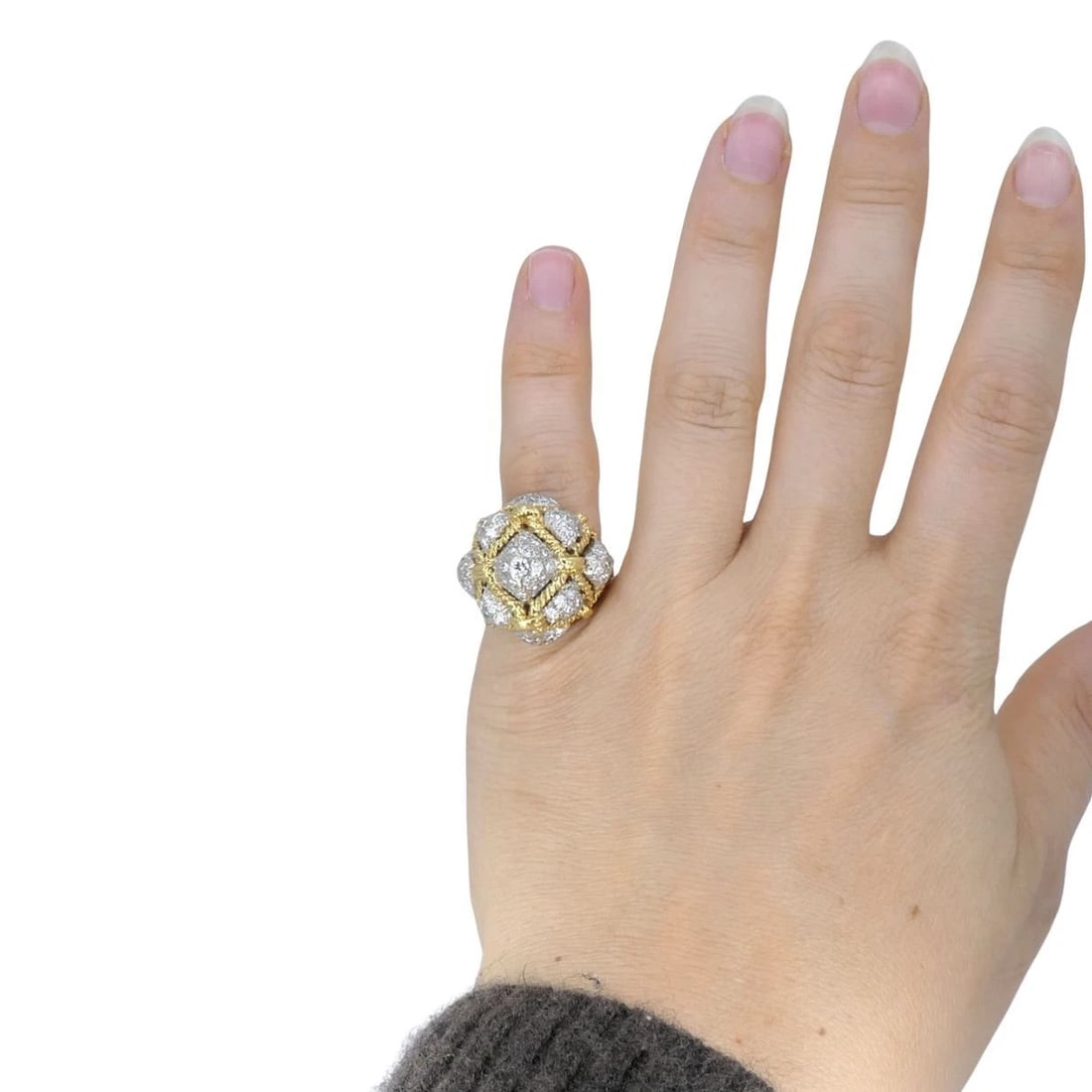 Vintage 18k Yellow Gold and 14k White Gold Diamond Dome Cocktail Ring - 3