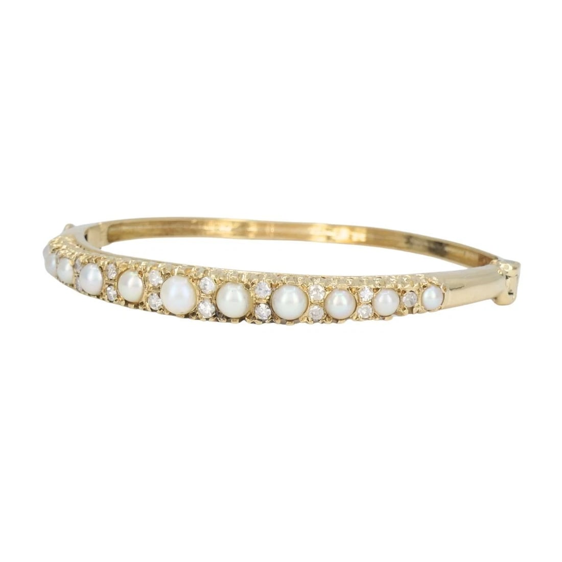 Antique Victorian 14k Yellow Gold Pearl Diamond Hinged Bangle Bracelet - 2