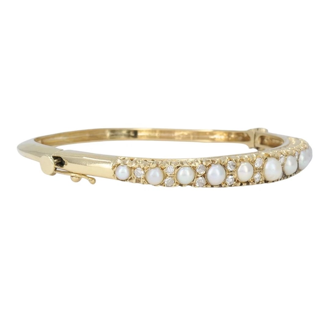 Antique Victorian 14k Yellow Gold Pearl Diamond Hinged Bangle Bracelet - 3