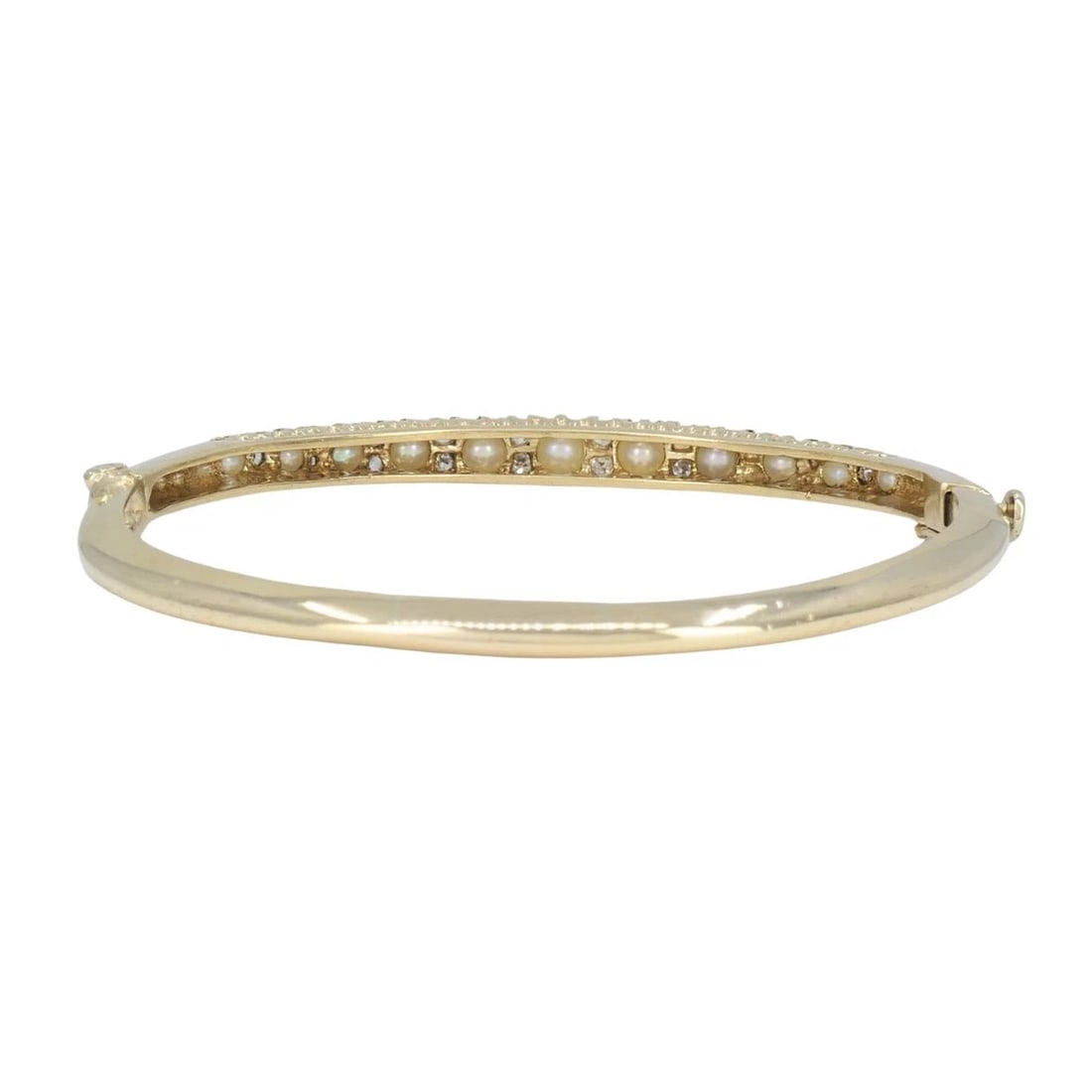 Antique Victorian 14k Yellow Gold Pearl Diamond Hinged Bangle Bracelet - 4