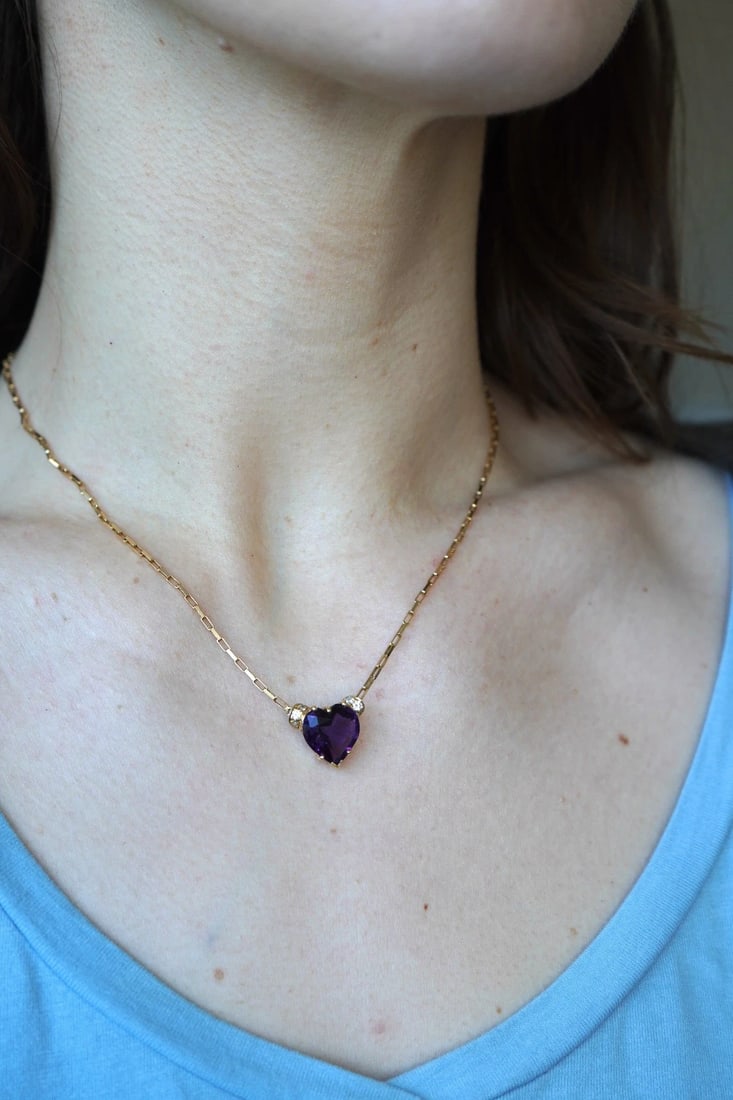 UnoAErre Italian 14k Gold Diamond Amethyst Heart Pendant Necklace - 2