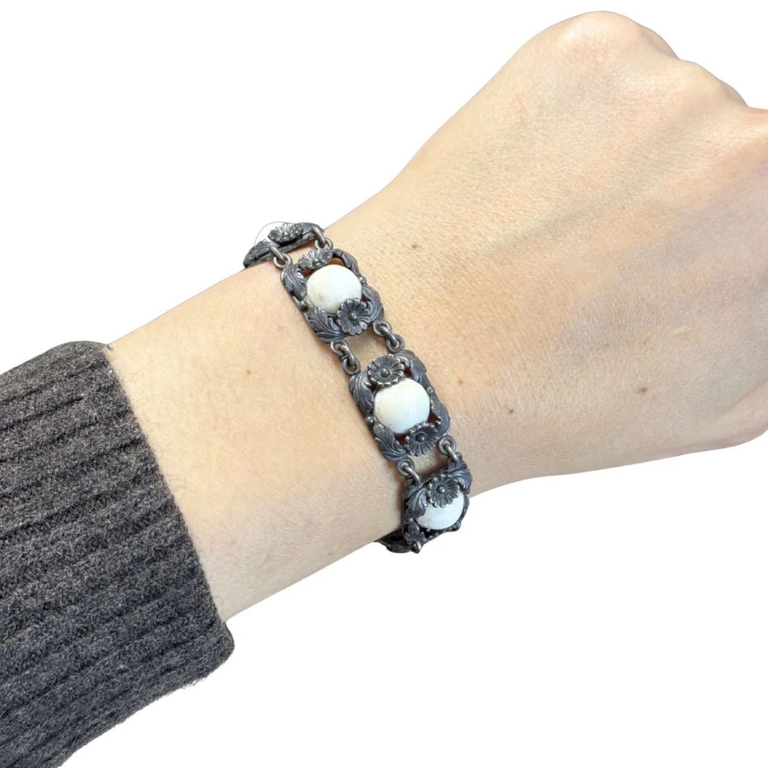 Vintage N.E. From Denmark Sterling Silver Bone Cabochon Bracelet - 2