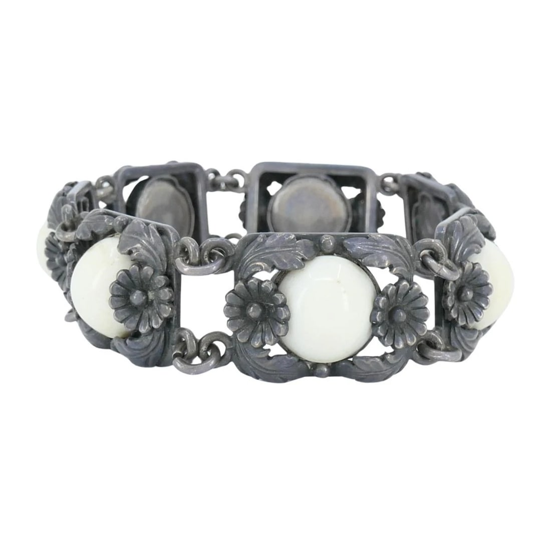 Vintage N.E. From Denmark Sterling Silver Bone Cabochon Bracelet - 4