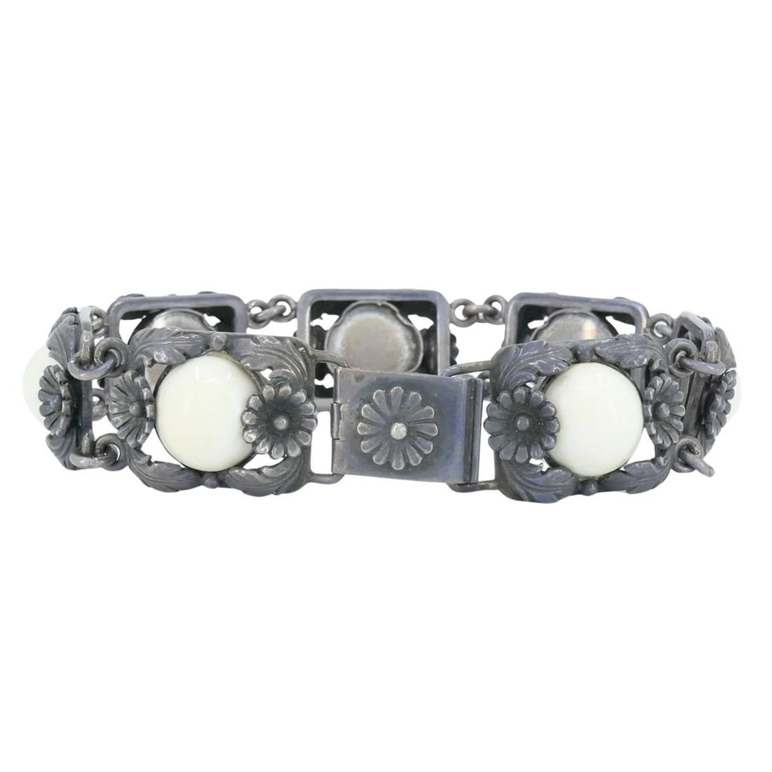 Vintage N.E. From Denmark Sterling Silver Bone Cabochon Bracelet - 5