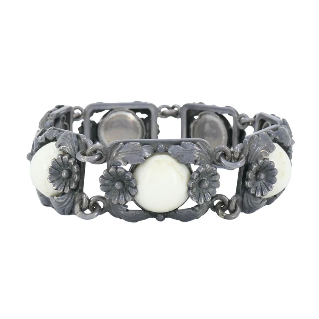 Vintage N.E. From Denmark Sterling Silver Bone Cabochon Bracelet - 7
