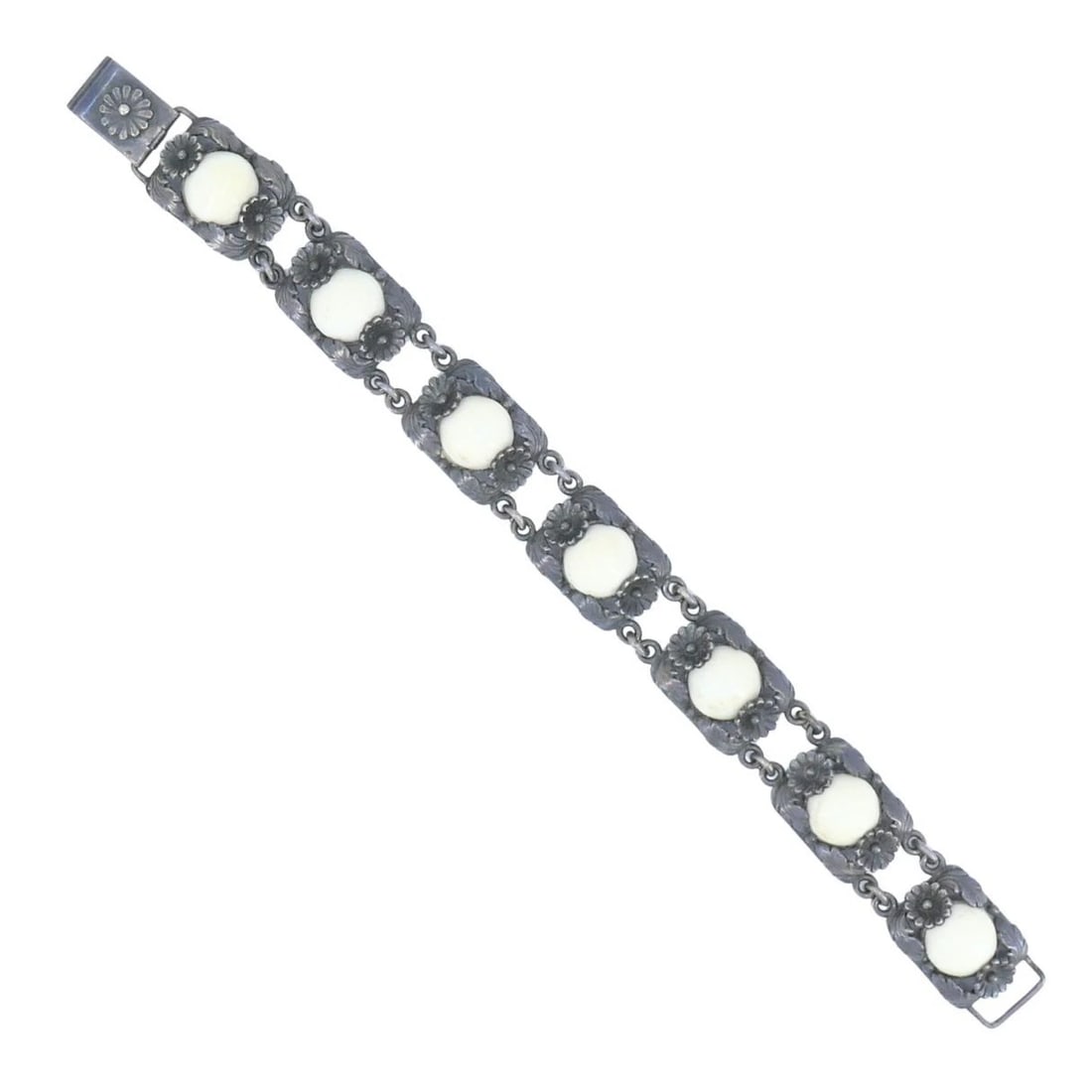Vintage N.E. From Denmark Sterling Silver Bone Cabochon Bracelet - 9