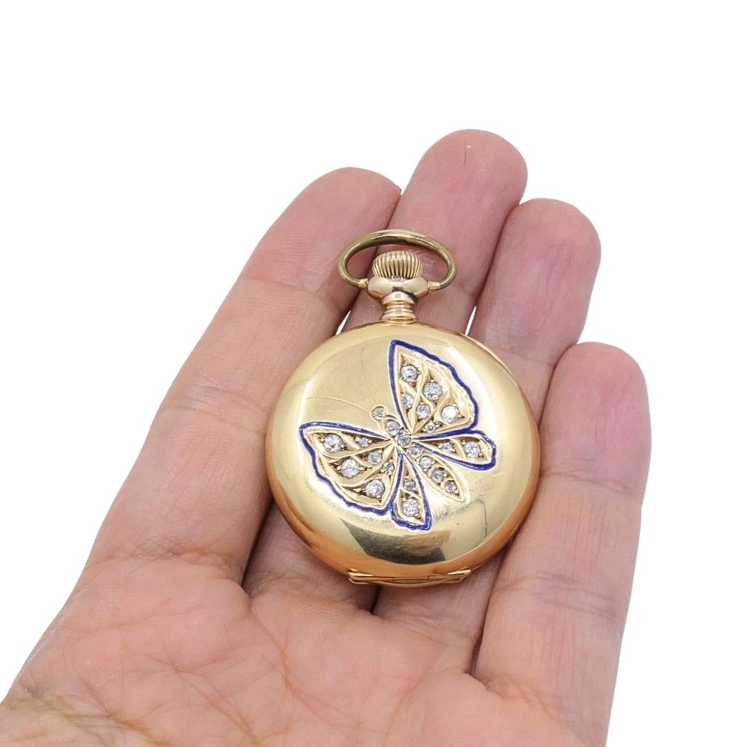Antique Elgin 14K Gold Keystone Hunter Case Pocket Watch Diamond Butterfly - 2