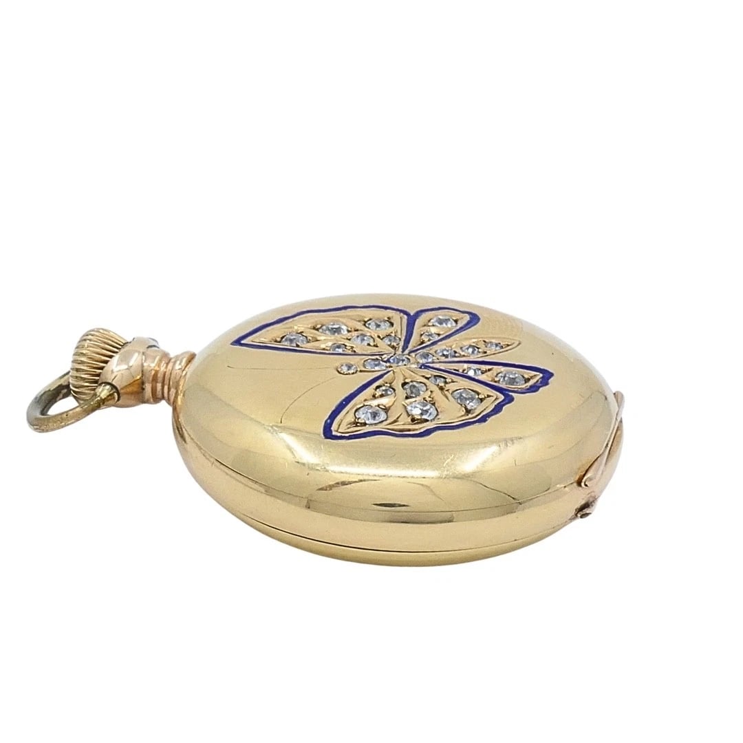 Antique Elgin 14K Gold Keystone Hunter Case Pocket Watch Diamond Butterfly - 7