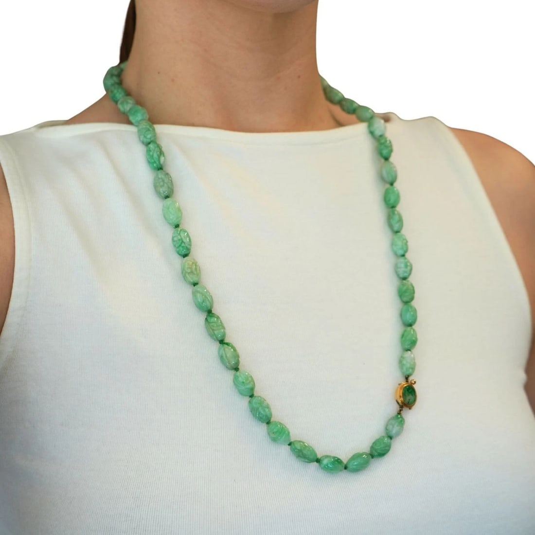 Vintage 14k Gold Apple Jade Carved Bead Necklace, Circa 1960s - 2