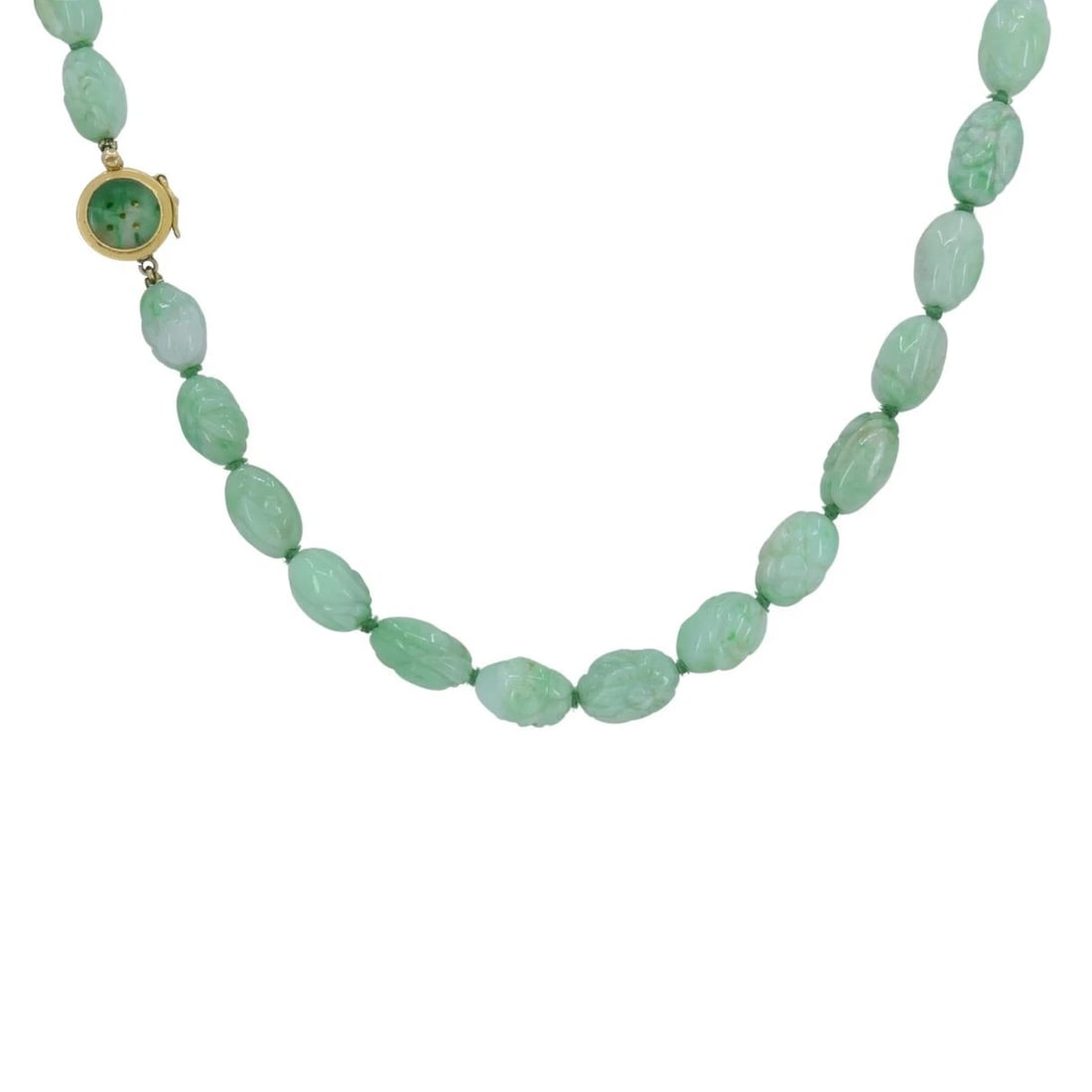 Vintage 14k Gold Apple Jade Carved Bead Necklace, Circa 1960s - 3