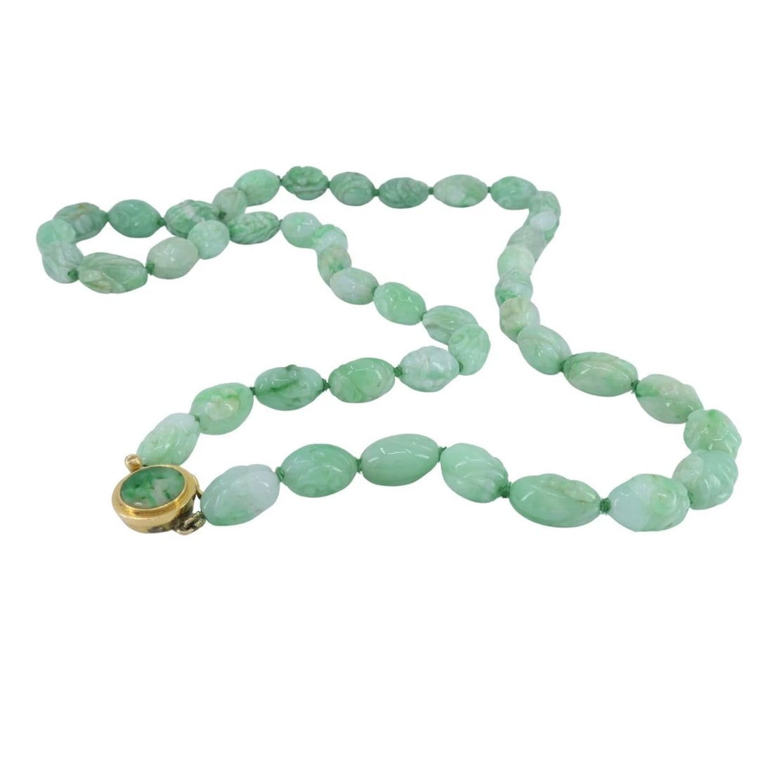 Vintage 14k Gold Apple Jade Carved Bead Necklace, Circa 1960s - 5