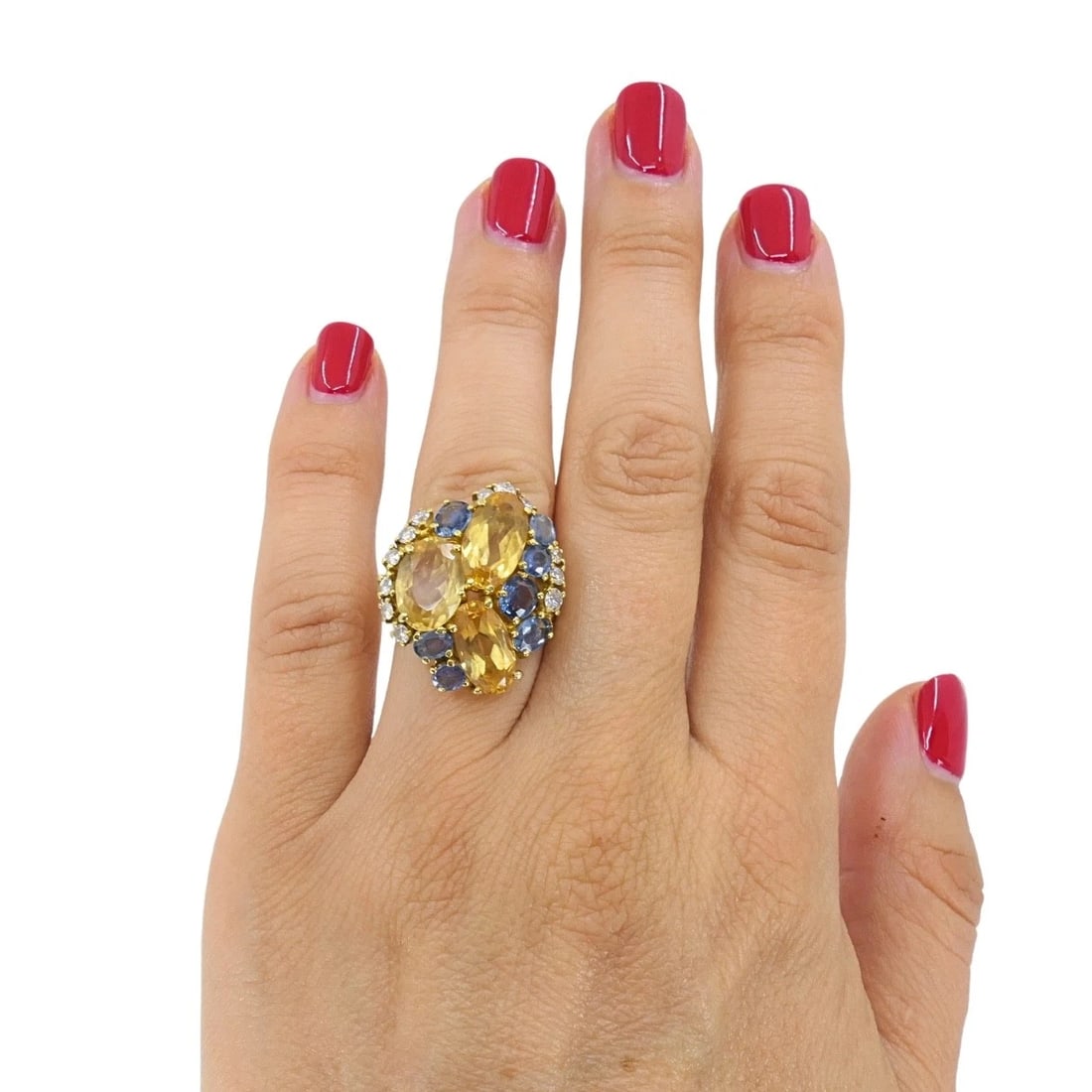 Vintage 14k Gold Imperial Topaz Blue Sapphire Diamond Cluster Cocktail Ring - 2