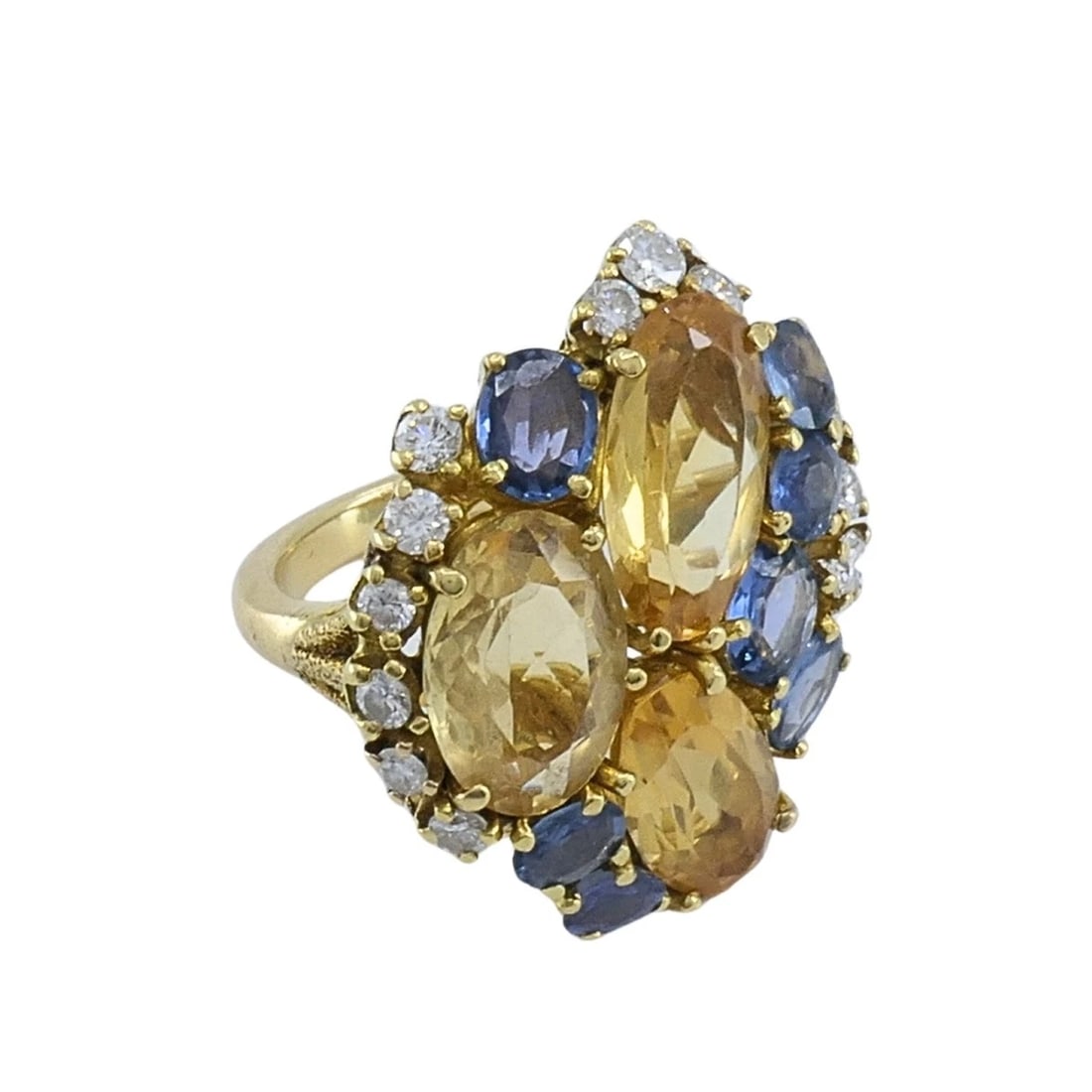 Vintage 14k Gold Imperial Topaz Blue Sapphire Diamond Cluster Cocktail Ring - 7