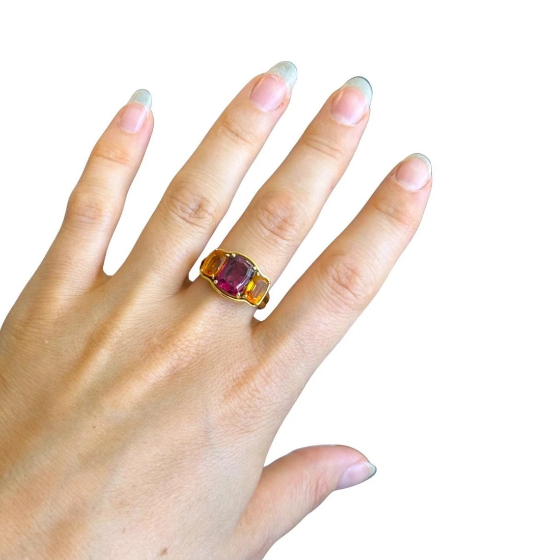 Verdura 18k Gold Rubellite and Madeira Citrine Three Stone Ring - 2