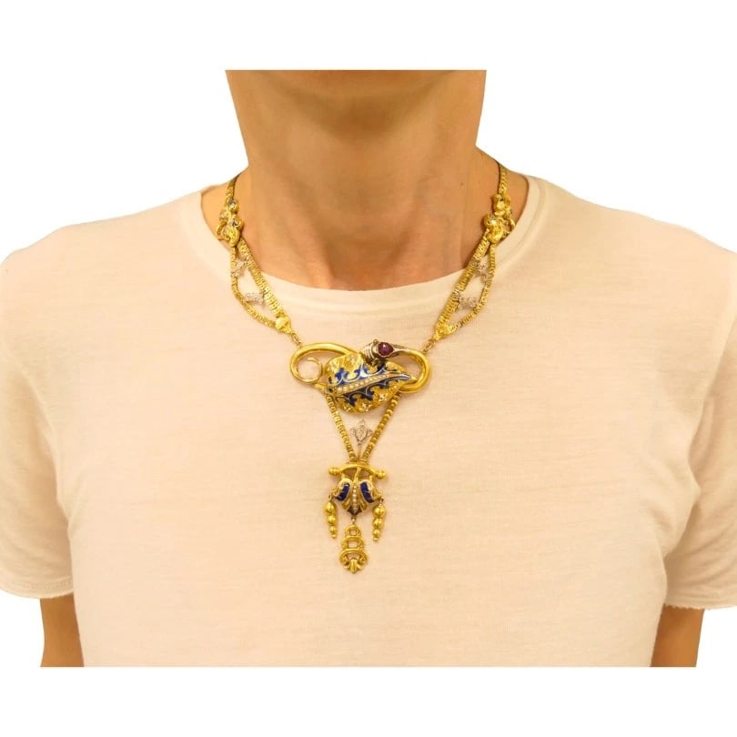 Victorian Gold Snake NECKLACE Diamond Ruby Enamel - 2