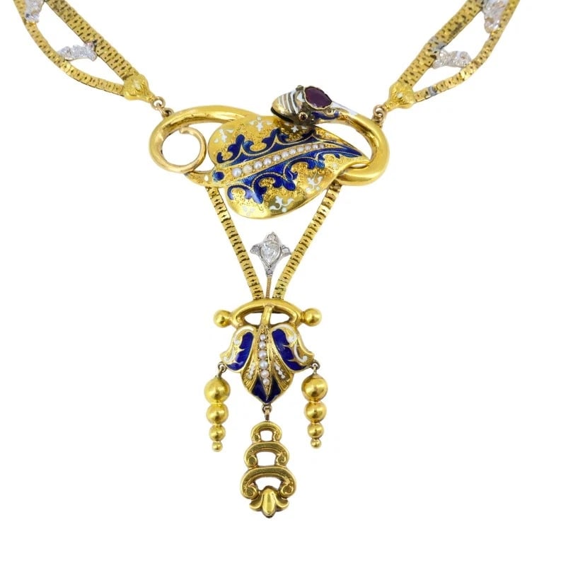 Victorian Gold Snake NECKLACE Diamond Ruby Enamel - 3